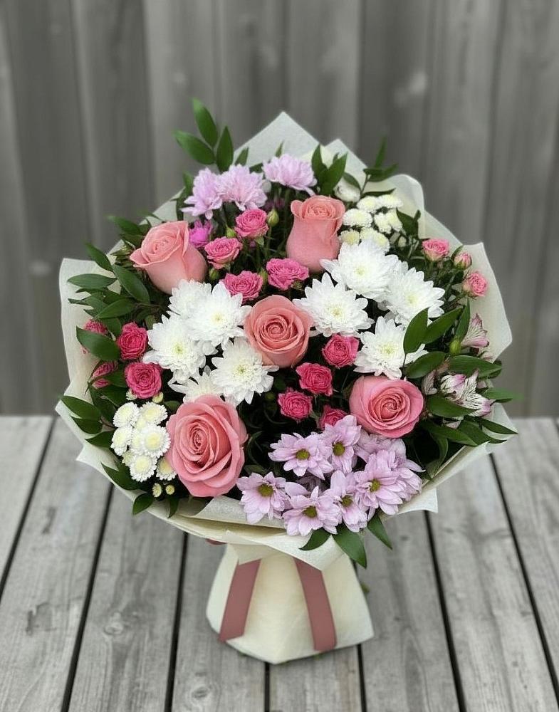 Букет цветов из: Альстромерии, Гвоздики, Розы и Хризантемы в Чемодурово