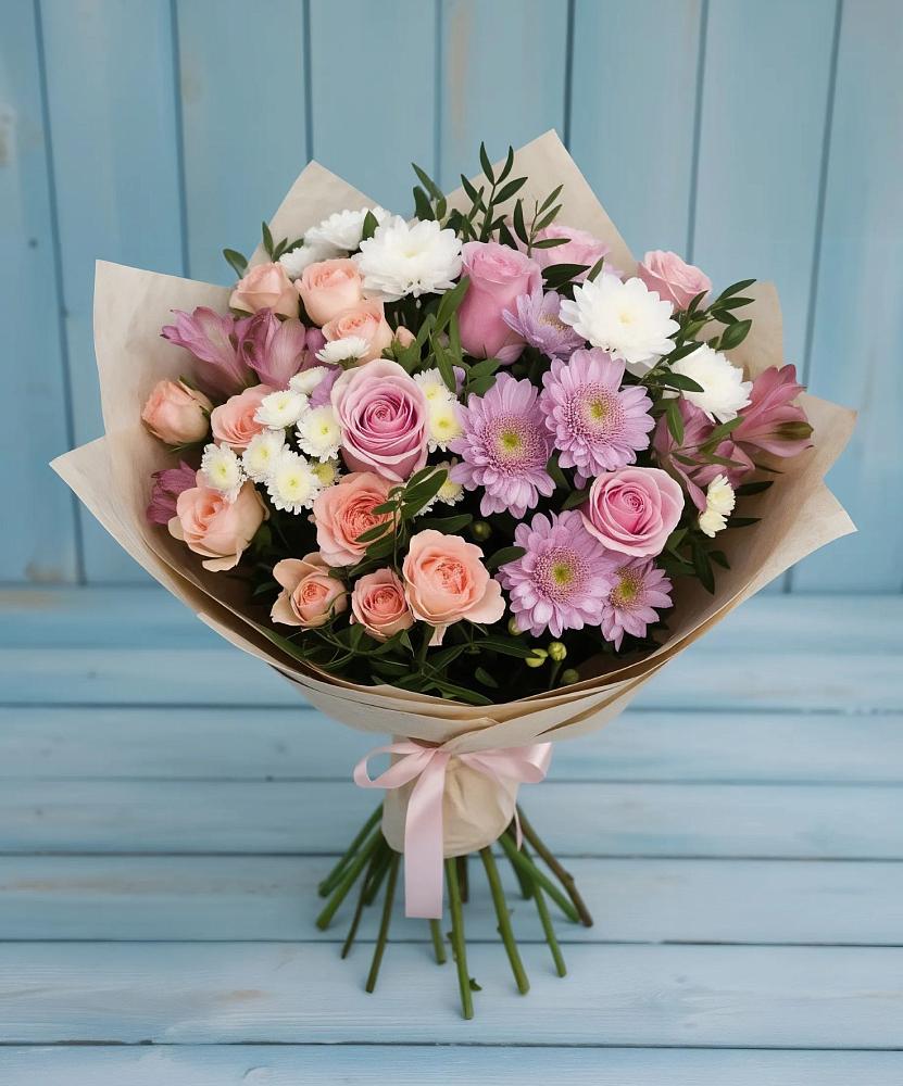 Букет цветов из: Хризантемы, Розы и Альстромерии в Чемодурово