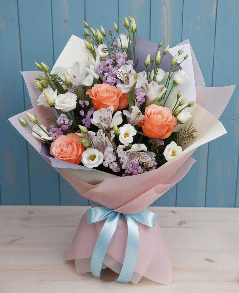 Букет цветов из: Лизиантусы, Розы, Альстромерии и Гипсофила в Чемодурово