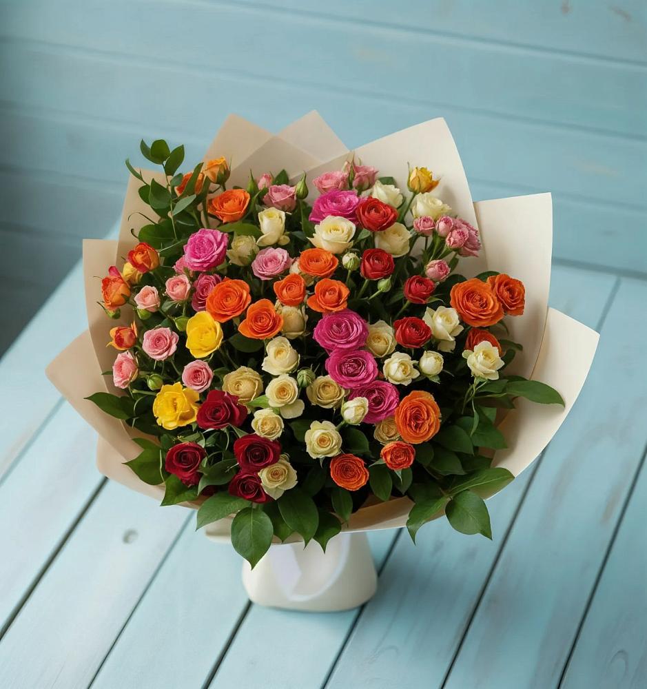 Букет Микс из разноцветных кустовых роз в Чемодурово