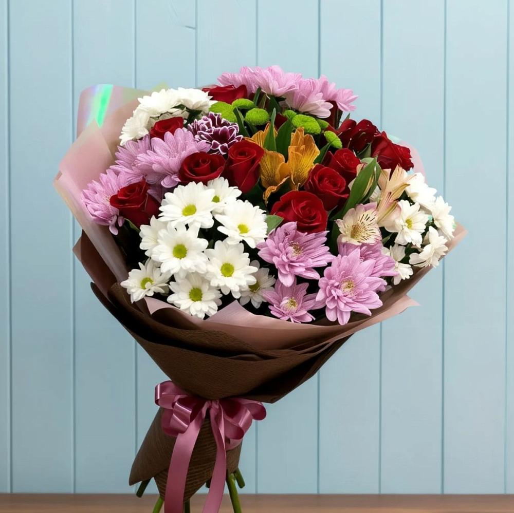 Букет цветов из: Розы, Хризантемы и Альстромерии в Чемодурово