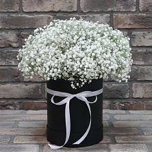 Цветочная композиция из Гипсофила в шляпной коробке в Чемодурово