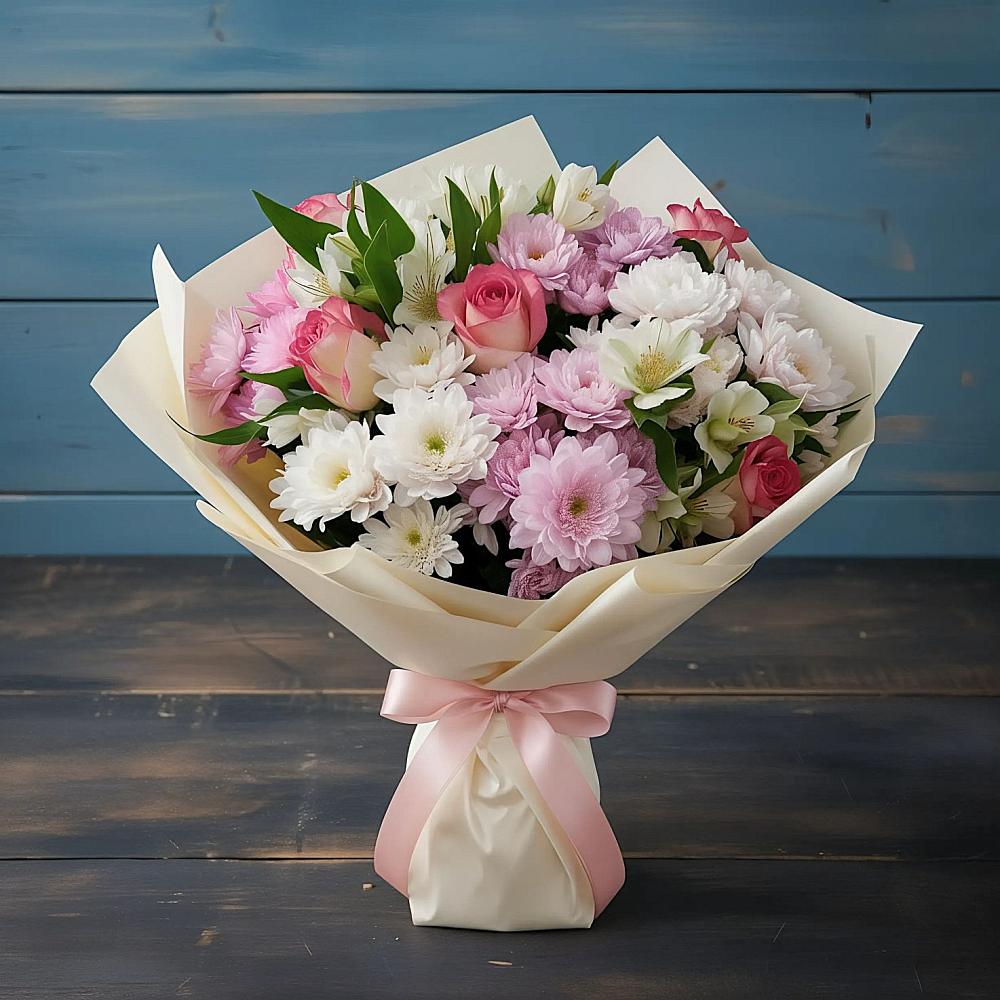 Букет цветов из: Хризантемы, Альстромерии и Розы в Чемодурово